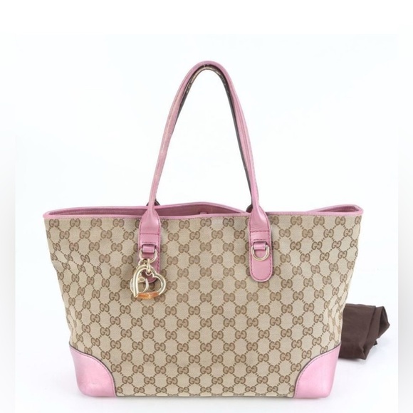 Gucci GG Canvas Heart Bit Leather Tote/shoulder metallic pink EUC